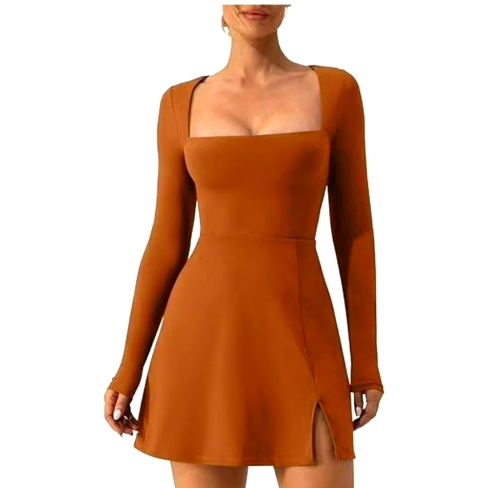 Brown square neck long sleeve mini dress NWOT size Medium